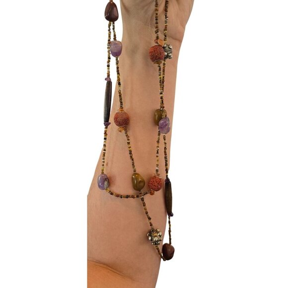 Boho Stone Beaded Earth Tone Necklace Manitee or Rope Length - Picture 2 of 10